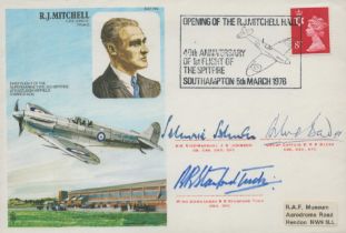 WW2 top Battle of Britain aces multiple signed R J Mitchell Spitfire cover. 5th March 1976 RAF HA1