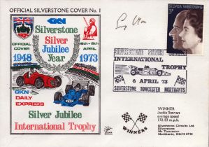 Motor Racing FDC signed by Sir Stirling Moss. Silverstone Silver Jubilee Cover. Date Stamped 6th