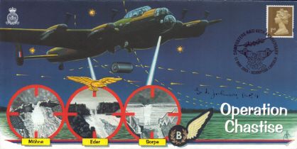 DAMBUSTERS FDC signed by Squadron Leader George L. Johnson DFM RAF. Date Stamped 17th Masy 2003.