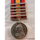 Queens South Africa Medal Boer War medal 1899 1902. Arm to right R ghost. 5 clasps Talana, Defence