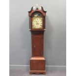 A George III oak and mahogany longcase clock, the hood with swan neck pediment, the arched dial