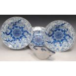 Three 18th century Worcester blue and white bowls, W script marks; an 18th century Worcester blue