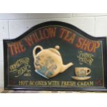 'The Willow Tea Shop' painted advertising sign, 20th century, of arched form with applied teapot and