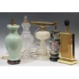 Five various lamps to include a green crackle glazed lamp, a cut glass lamp, an Art Deco style lamp,