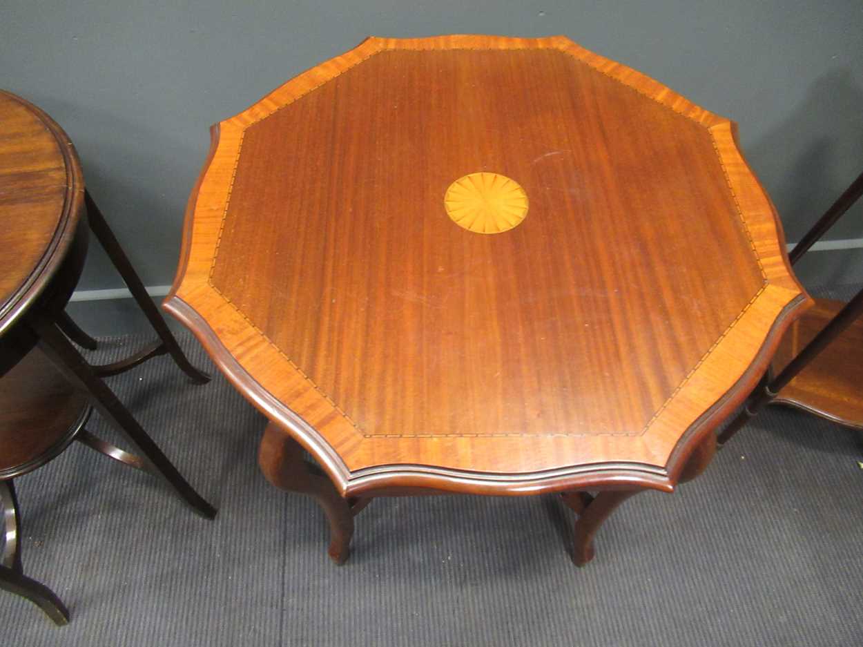 An Edwardian banded shaped top occasional table 73 x 71 x 71cm and two others 72 x 59cm and 70 x - Image 3 of 4