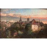 Two continental viewsThe skyline of a town with churches, possibly Switzerland; and Figures