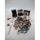 A collection of beads and costume jewellery, together with a Tissot watch, a pair of hallmarked