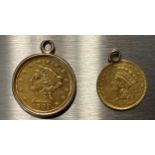 USA gold 2.5dollar coin 1901, mounted as a pendant, 4.9g; and a gold 1 dollar coin 1857, ring