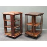 Two square section revolving bookcases, one carved 86 x 50 x 50cm the other inlaid 83 x 47x 47cm (
