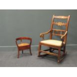 A small child's beech frame chair with a pictorial seat, and a Victorian rocking chair with scroll
