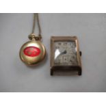 A 9ct gold wristwatch head, together with a gold plated pendant watch and chain (2)