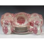 A collection of Brown and Pink transfer-printed china wares, including serving bowls, jugs and