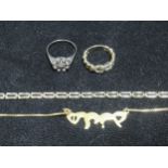 A necklace stamped '585', together with two rings stamped '585' and a bracelet stamped '585',