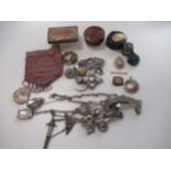 A collection of costume jewellery, assorted boxes and beaded bags, together with a chatelaine, a