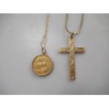 A hallmarked 9ct gold cross pendant on a hallmarked 9ct gold chain, together with a full sovereign