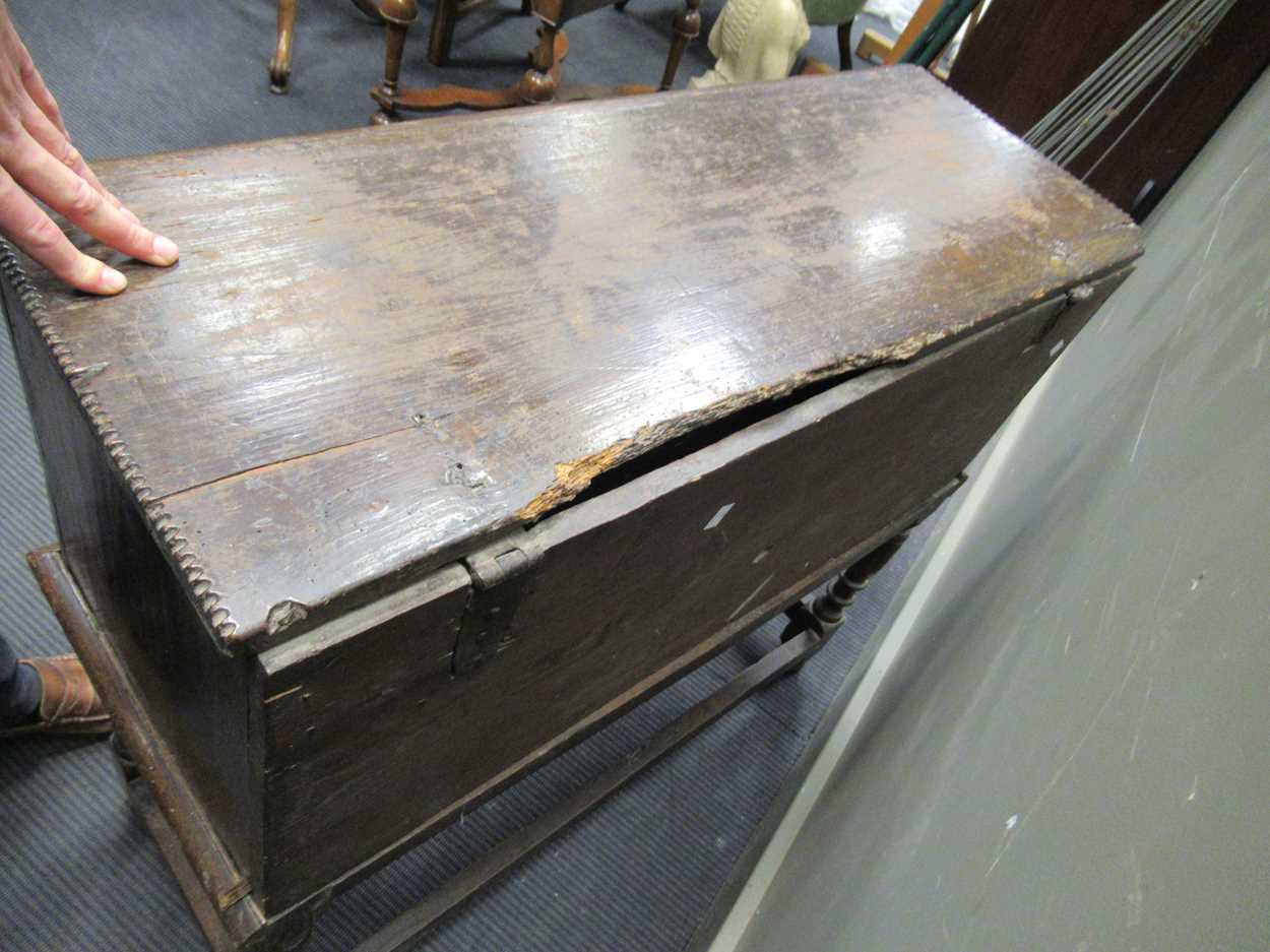 An 18th century oak plank chest on stand, with split baluster decoration, 82 x 93 x 37cm - Image 8 of 8