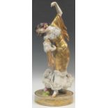 Antique Dresden porcelain gilded lamp-stand figure modelled as a flamenco dancer, blue painted