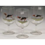 Three large wine glasses hand painted with running fox hounds