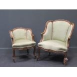 Louis XV style bergère chair in green with broken leg, together with a child’s version of the same