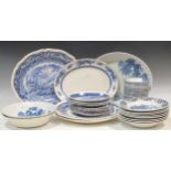 Transfer printed blue and white china comprising large oval plates, dishes and plates