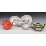 A 19th century Prattware teapot, a Mason's style teapot, two New Hall side plates, a teapot and a