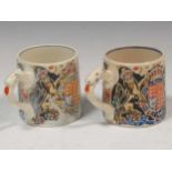 Laura Knight coronation mugs, 8.5cm high (2)One with a hairline fracture running from the base up to