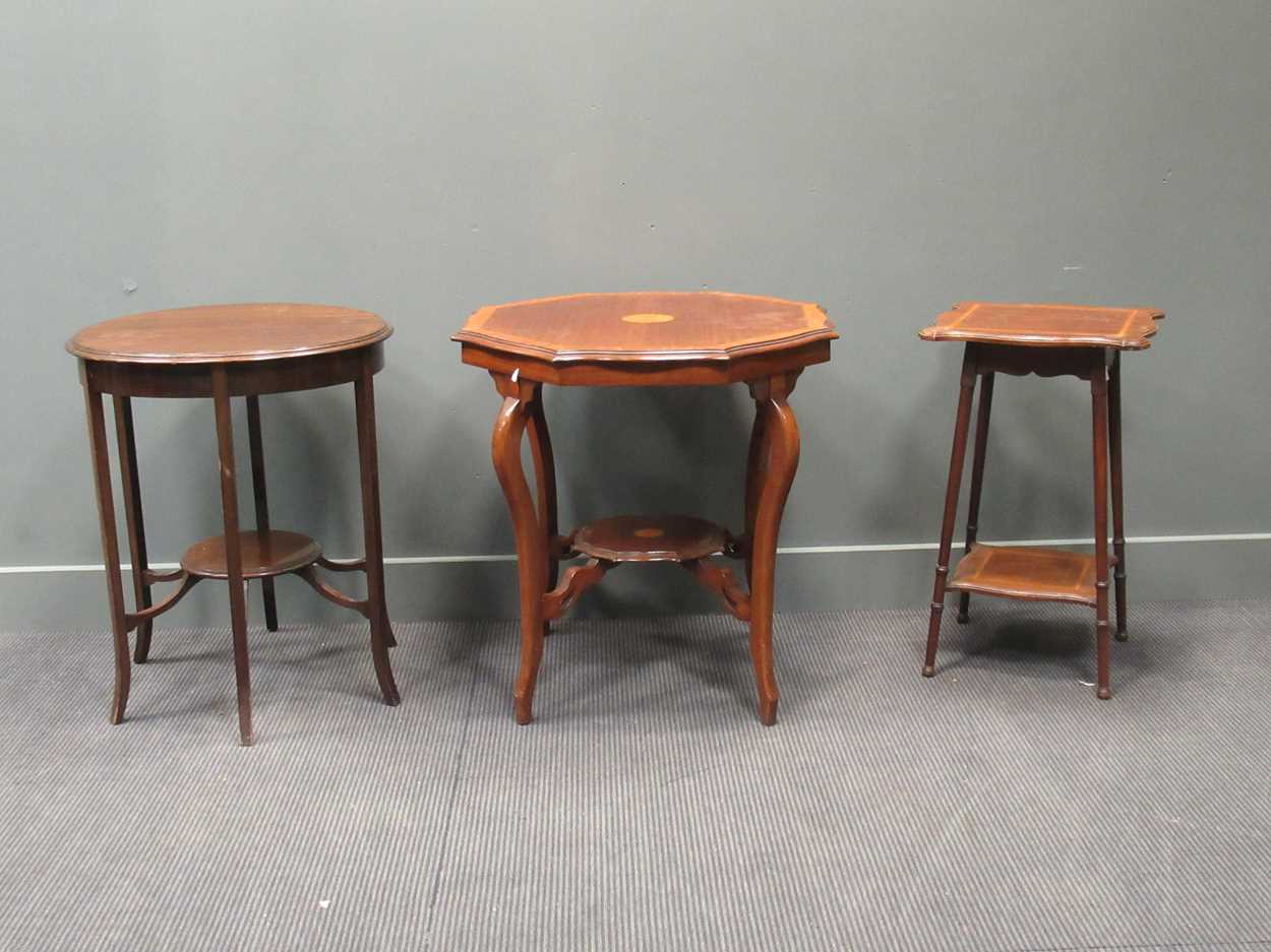 An Edwardian banded shaped top occasional table 73 x 71 x 71cm and two others 72 x 59cm and 70 x