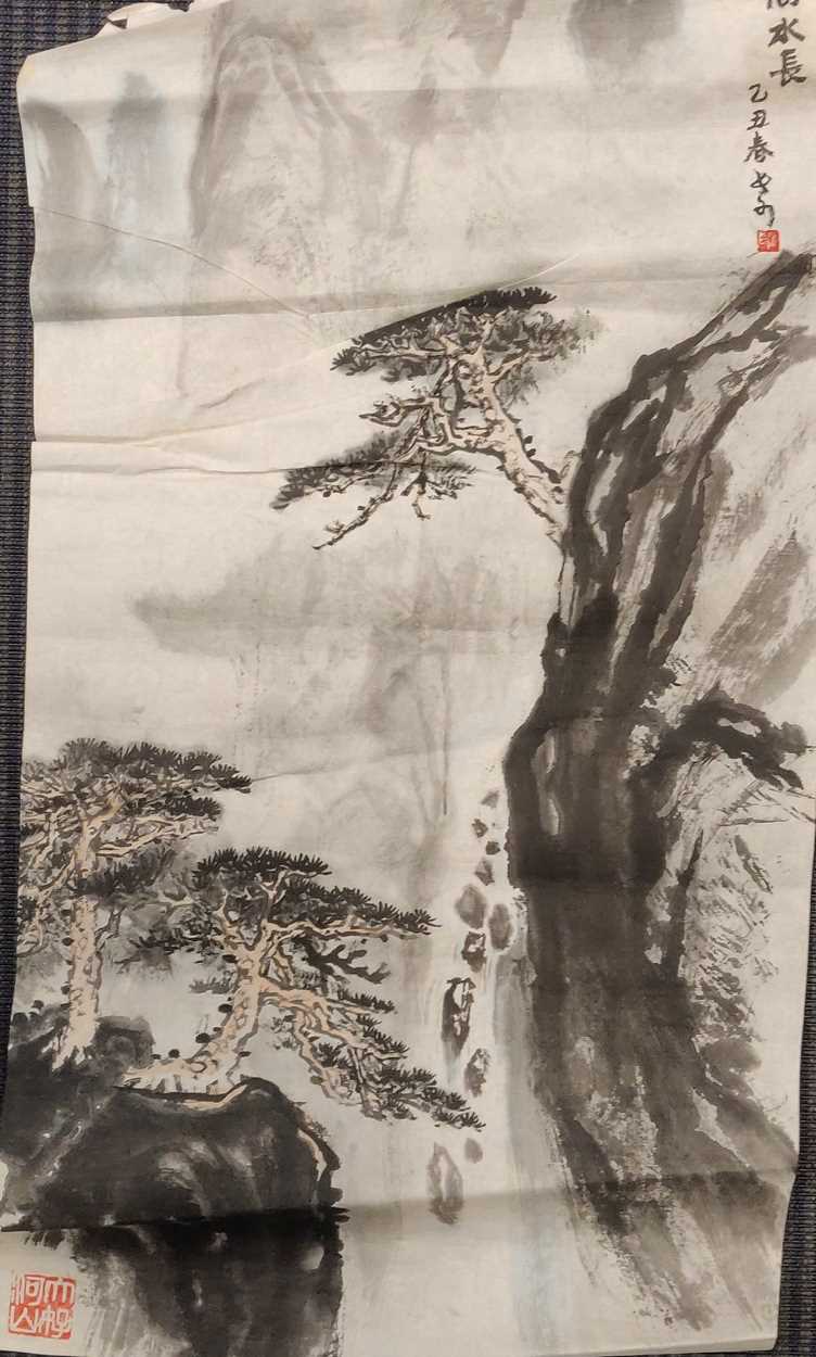 Three Asian works on silk together with three ink on rice paper, the largest of which is 220 x 55cm - Image 6 of 6