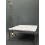 A modern white marble-topped table on square chrome legs, 41 x 91.5 x 91.5cm; together with a