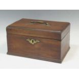 A George II mahogany tea caddy, the rectangular hinged lid with brass handle enclosing an adapted