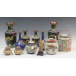 Various oriental ceramics to include three pairs of cloisonne vases, a famille rose teapot, two