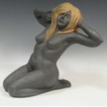 Tesni Bornemann. Modern British Kneeling female nude fired clay - graphite and gold 34cm