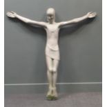 A modern design cast metal figure of the crucified Jesus, 133 x 132 x 13cm