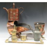 An Art Nouveau copper watering can, maker 'JS&S' Joseph Sankey & Sons together with other metalwares