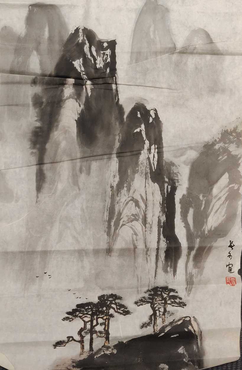 Three Asian works on silk together with three ink on rice paper, the largest of which is 220 x 55cm - Image 5 of 6