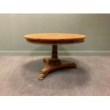 A Regency rosewood breakfast table, the circular tilt top above a hexagonal tapered column with