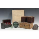 A collection of ephemera including two tea caddies, a taxidermy horse's hoof inkwell with silver