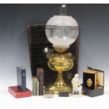 Leather silver-mounted desk blotter; 4 Bibles / liturgy, snuff box, spill vase etc., brass oil lamp