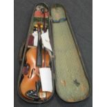 A Continental violin, cased with bow a/f