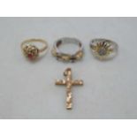 Three rings stamped '585', together with a cross pendant stamped 'K14', gross weight 15.1g (4)