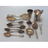 A collection of silverware including christening cup, flatware, etc 19.4ozt weighable silver