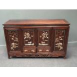 A Chinese carved hardwood and inlaid mother of pearl cabinet, decorated with cranes and blossoms, 88