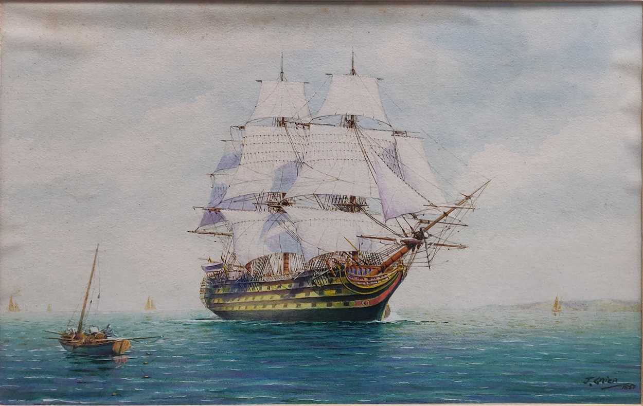 J. GrierSailing ship at sea signed and dated 'J. Grier 1857' (lower right)watercolour, pen and ink