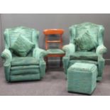 Two upholstered wing armchairs with matching stool, and side chair