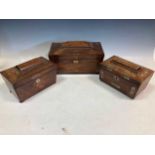 A Regency mother of pearl inlaid tea caddy 14 x 22 x 13cm together with two other 19th century