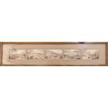 Four panoramic prints of hunting scenes and a stagecoach scene9.5 x 54.5cm; together with two colour