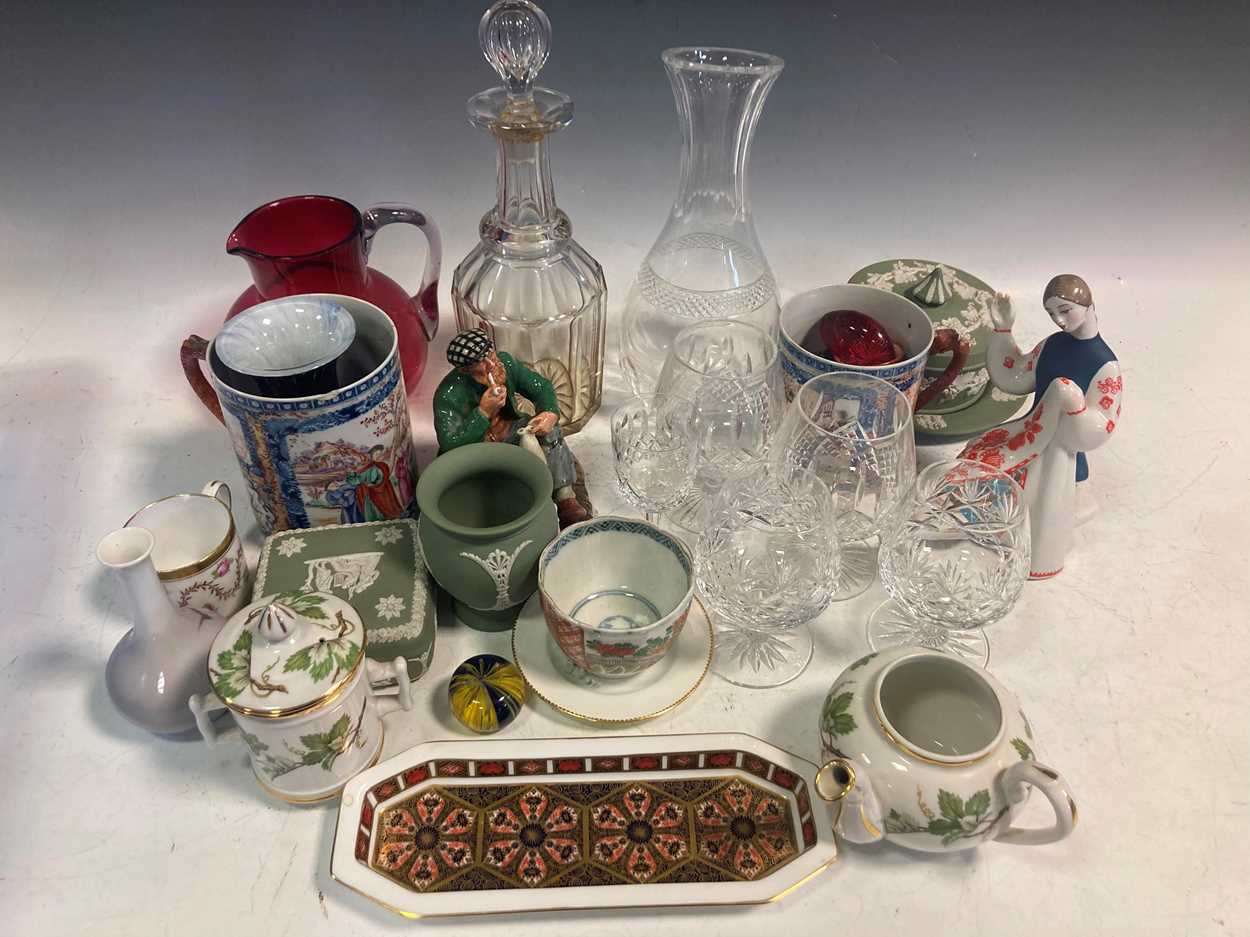 Assorted china and glass including Wedgwood, two Chinese mugs (damaged), a decanter, a Russian - Image 7 of 7