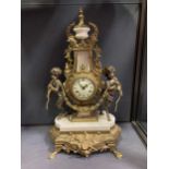 A French style reproduction gilt metal and marble lyre shape mantel clock, 60cm high