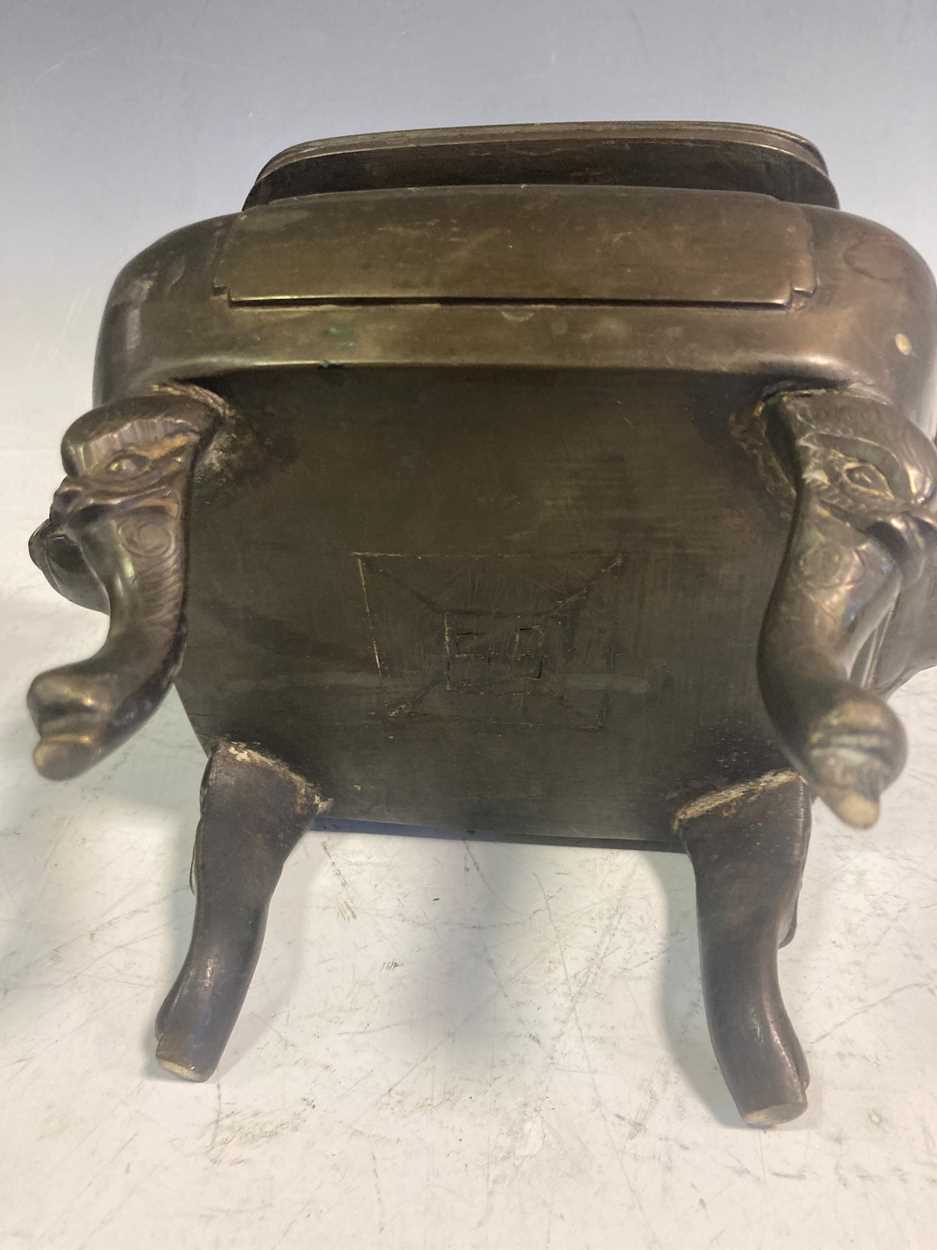A Chinese bronze censor, with Fo dog handle and foliate pierced collar to the lid, 31 x 21 x 15cm - Image 8 of 10