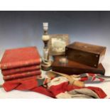 A 19th century mahogany box, a mother of pearl inlaid rosewood box, two navak flags, a red painted
